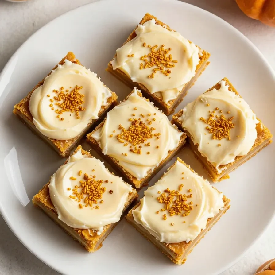 Delicious pumpkin bars topped with creamy cream cheese frosting on a rustic wooden table