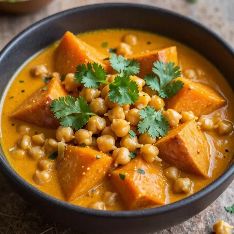 A bowl of sweet potato and chickpea curry garnished with fresh cilantro and served with rice