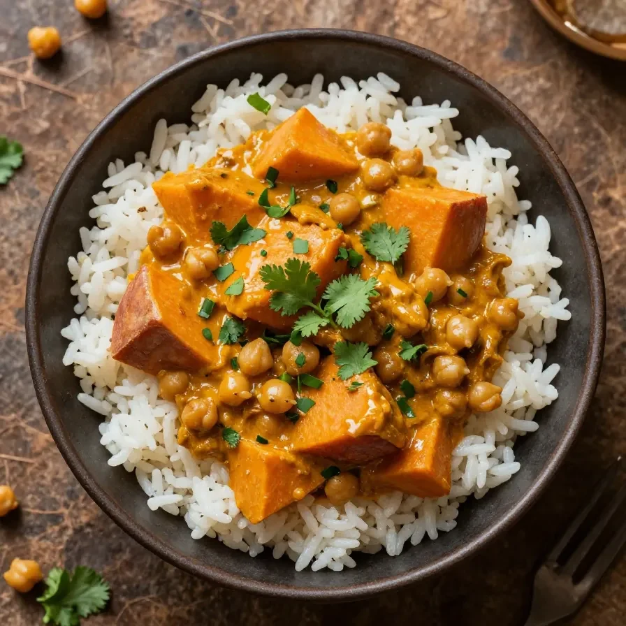 A bowl of sweet potato and chickpea curry garnished with fresh cilantro and served with rice