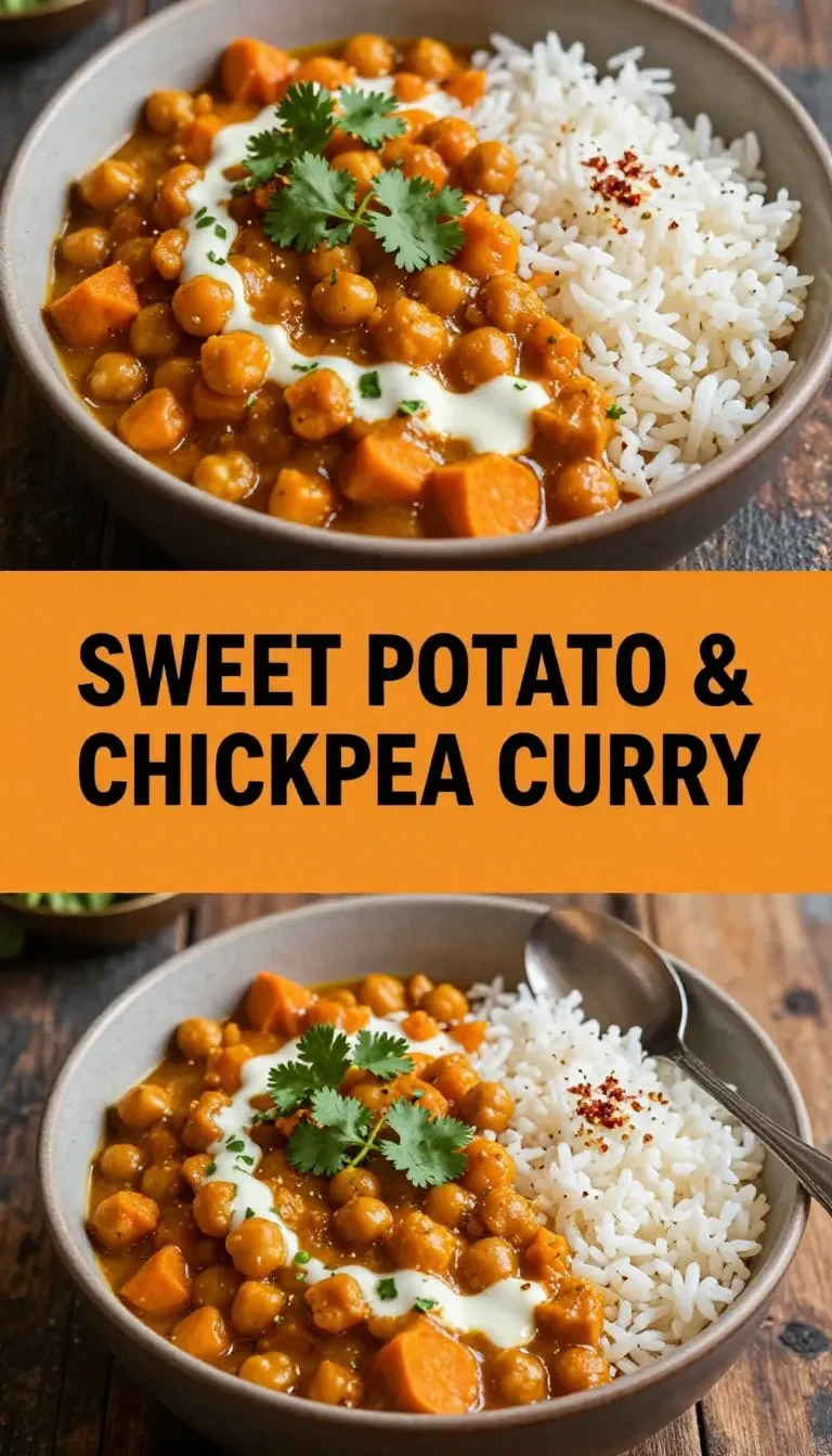 A bowl of sweet potato and chickpea curry garnished with fresh cilantro and served with rice