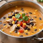 A bowl of creamy chicken tortilla soup topped with avocado and tortilla strips