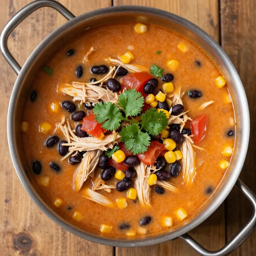 A bowl of creamy chicken tortilla soup topped with avocado and tortilla strips