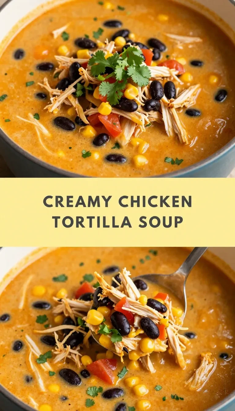 A bowl of creamy chicken tortilla soup topped with avocado and tortilla strips