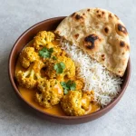 A vibrant plate of butter cauliflower garnished with fresh cilantro, served with rice and naan.