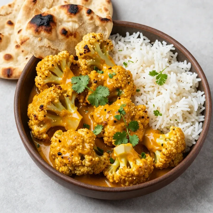 A vibrant plate of butter cauliflower garnished with fresh cilantro, served with rice and naan.