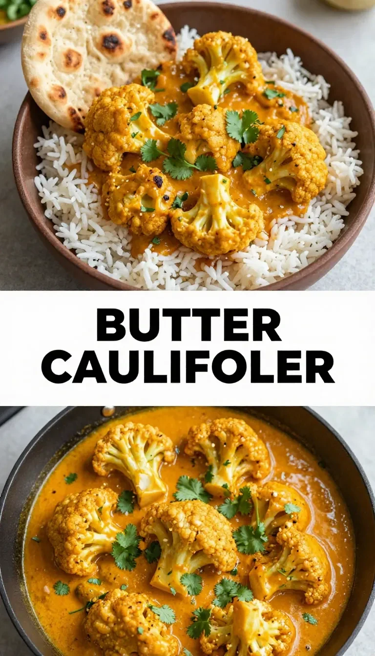 A vibrant plate of butter cauliflower garnished with fresh cilantro, served with rice and naan.
