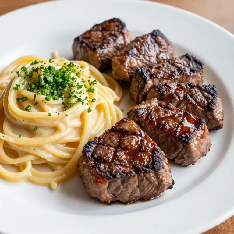 Delicious creamy garlic butter steak bites served over pasta