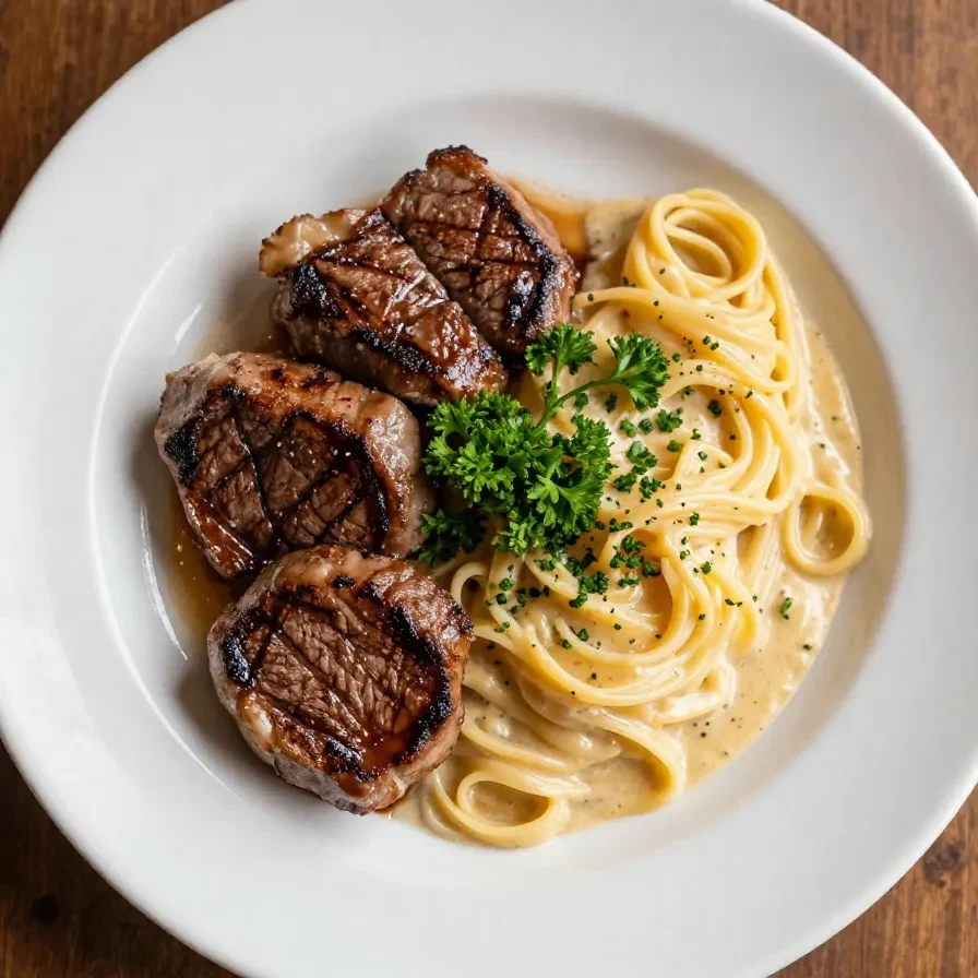 Delicious creamy garlic butter steak bites served over pasta