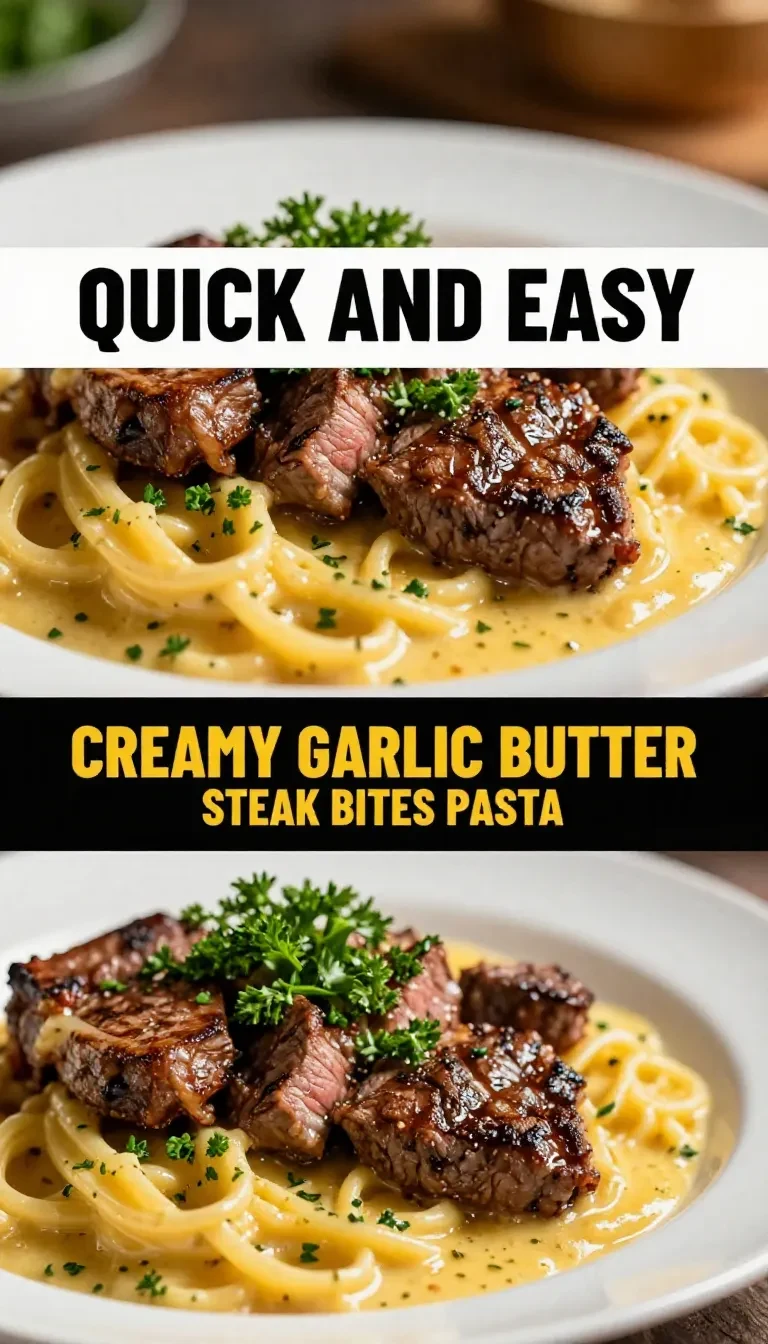 Delicious creamy garlic butter steak bites served over pasta