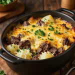A hearty slow cooker cowboy casserole filled with ground beef, beans, and corn