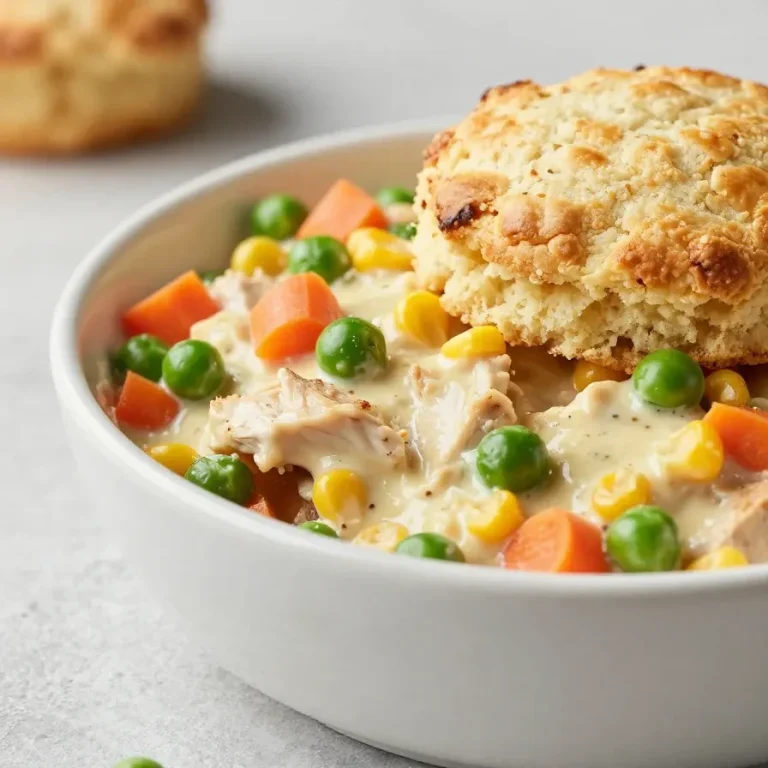 A delicious homemade chicken pot pie cooked in a crock pot, featuring golden crust and colorful vegetables.