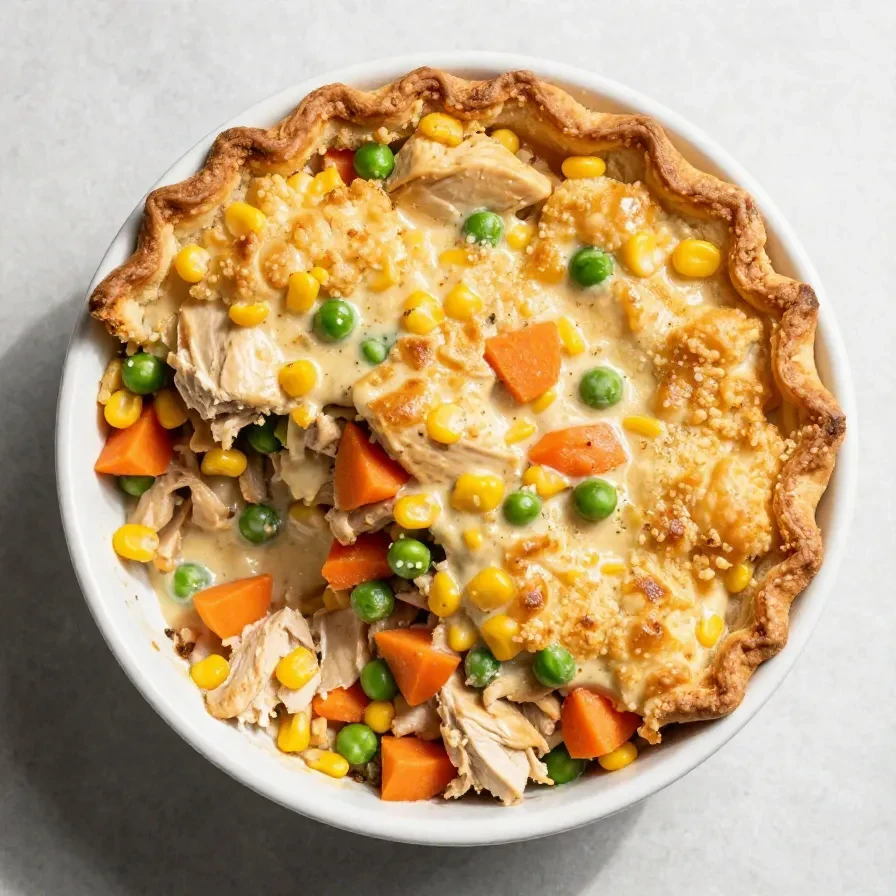 A delicious homemade chicken pot pie cooked in a crock pot, featuring golden crust and colorful vegetables.