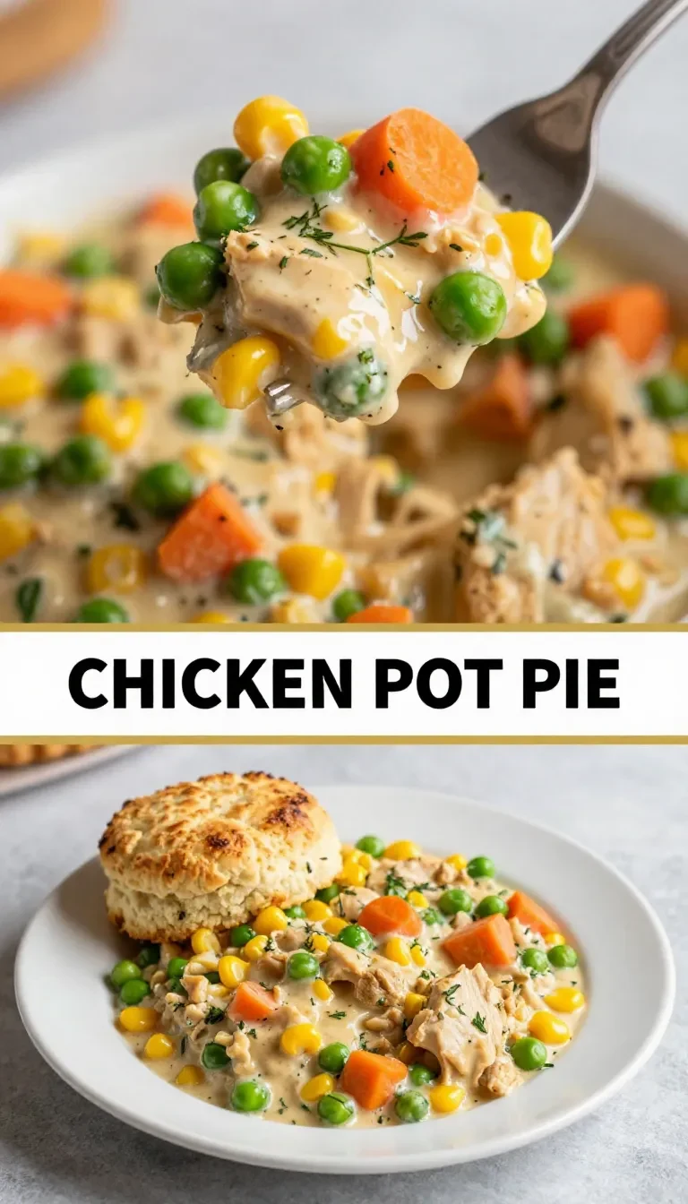 A delicious homemade chicken pot pie cooked in a crock pot, featuring golden crust and colorful vegetables.