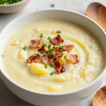 Creamy baked potato soup garnished with chives and bacon bits in a rustic bowl