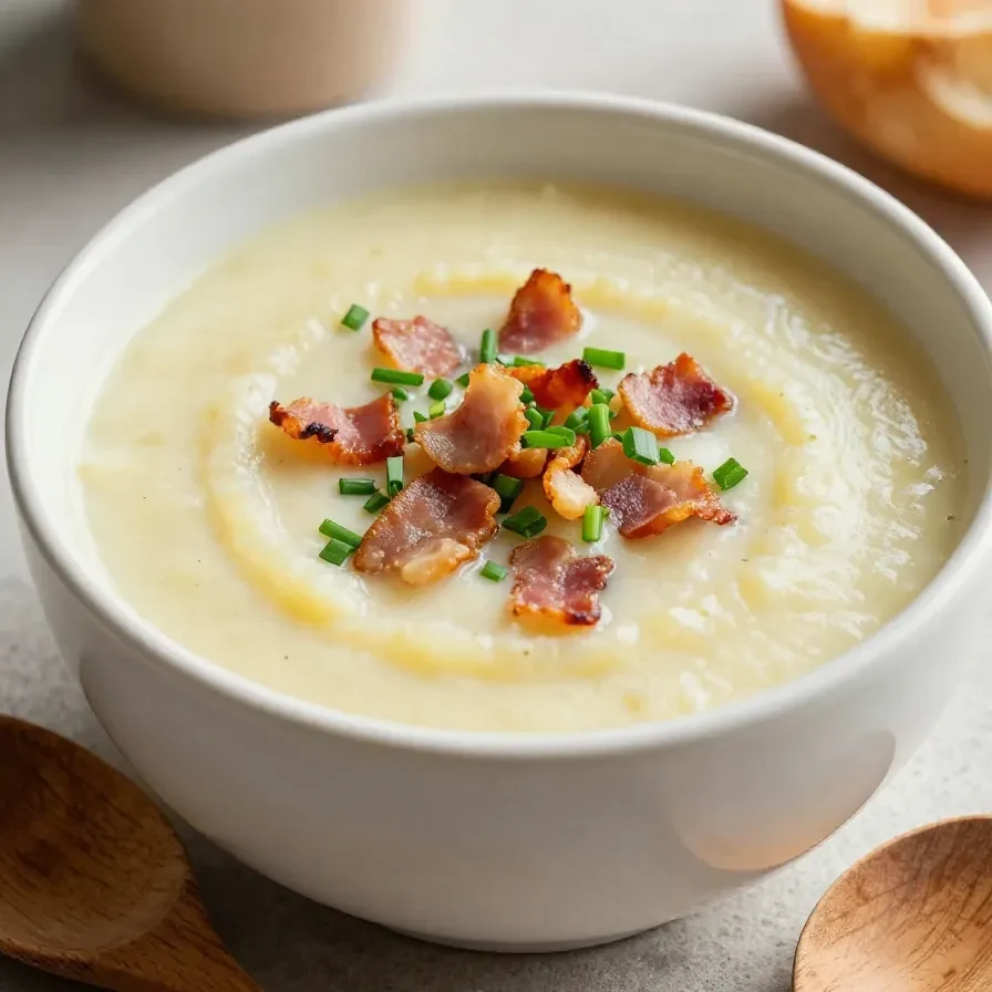Creamy baked potato soup garnished with chives and bacon bits in a rustic bowl