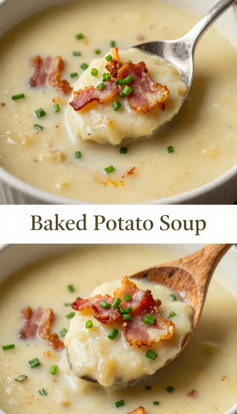 Creamy baked potato soup garnished with chives and bacon bits in a rustic bowl