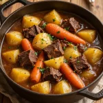 A hearty bowl of old fashioned beef stew with vegetables