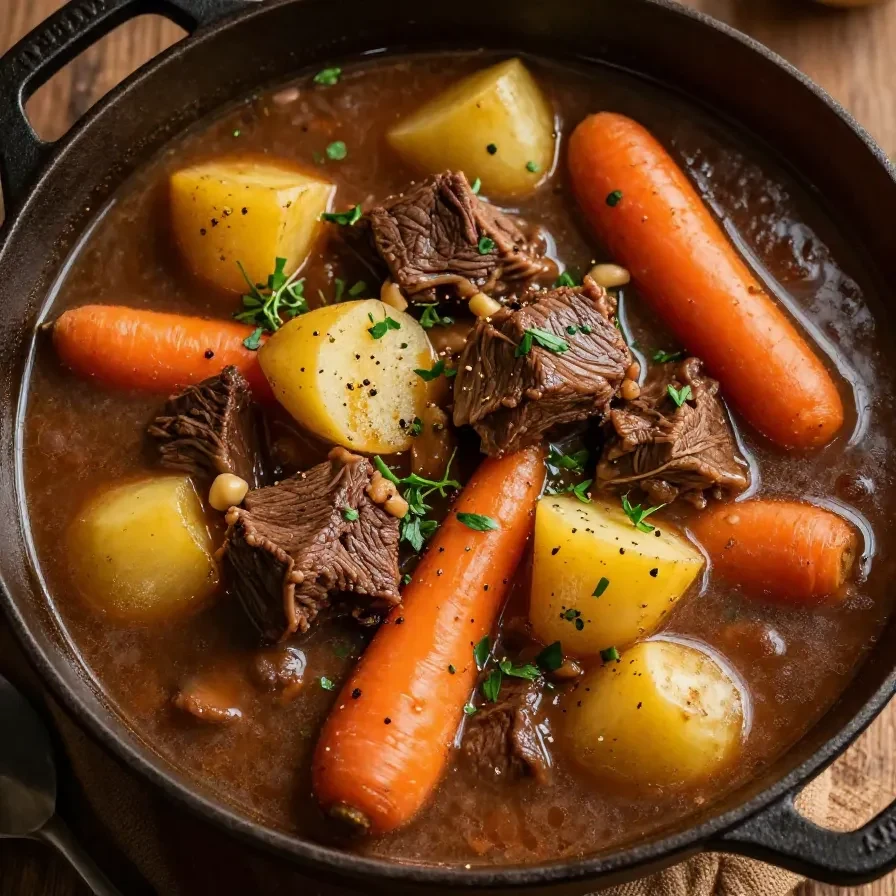 A hearty bowl of old fashioned beef stew with vegetables