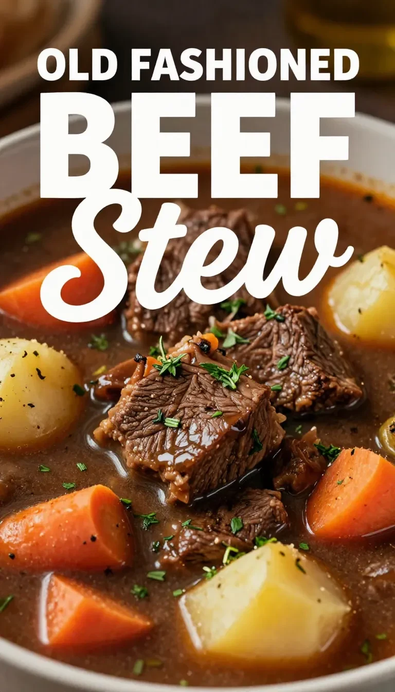 A hearty bowl of old fashioned beef stew with vegetables
