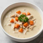 A warm bowl of healthy chicken pot pie soup topped with fresh herbs and served with a spoon