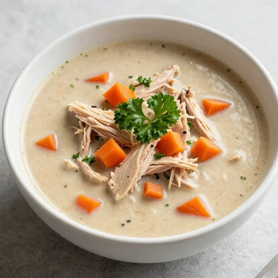 A warm bowl of healthy chicken pot pie soup topped with fresh herbs and served with a spoon