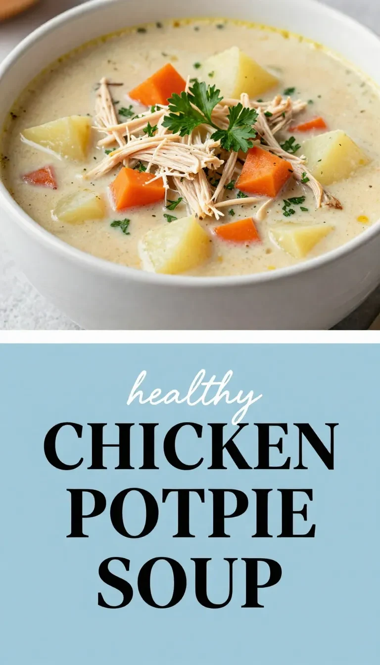 A warm bowl of healthy chicken pot pie soup topped with fresh herbs and served with a spoon