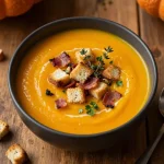 A bowl of creamy pumpkin soup garnished with fresh herbs and a drizzle of olive oil
