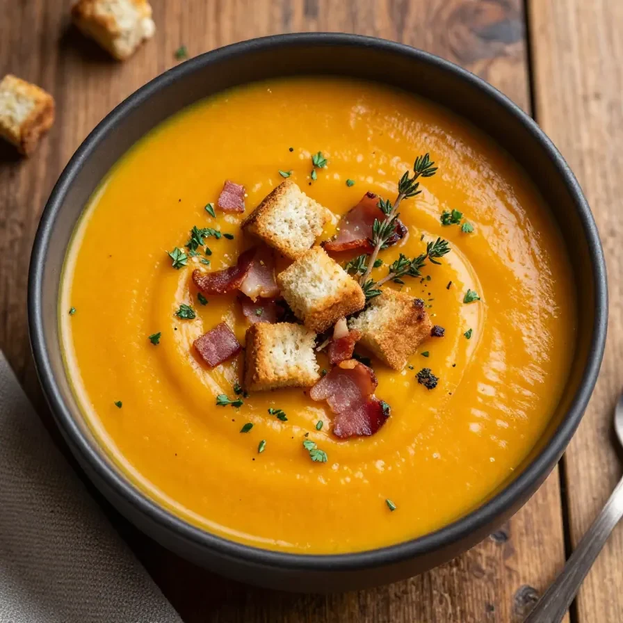 A bowl of creamy pumpkin soup garnished with fresh herbs and a drizzle of olive oil