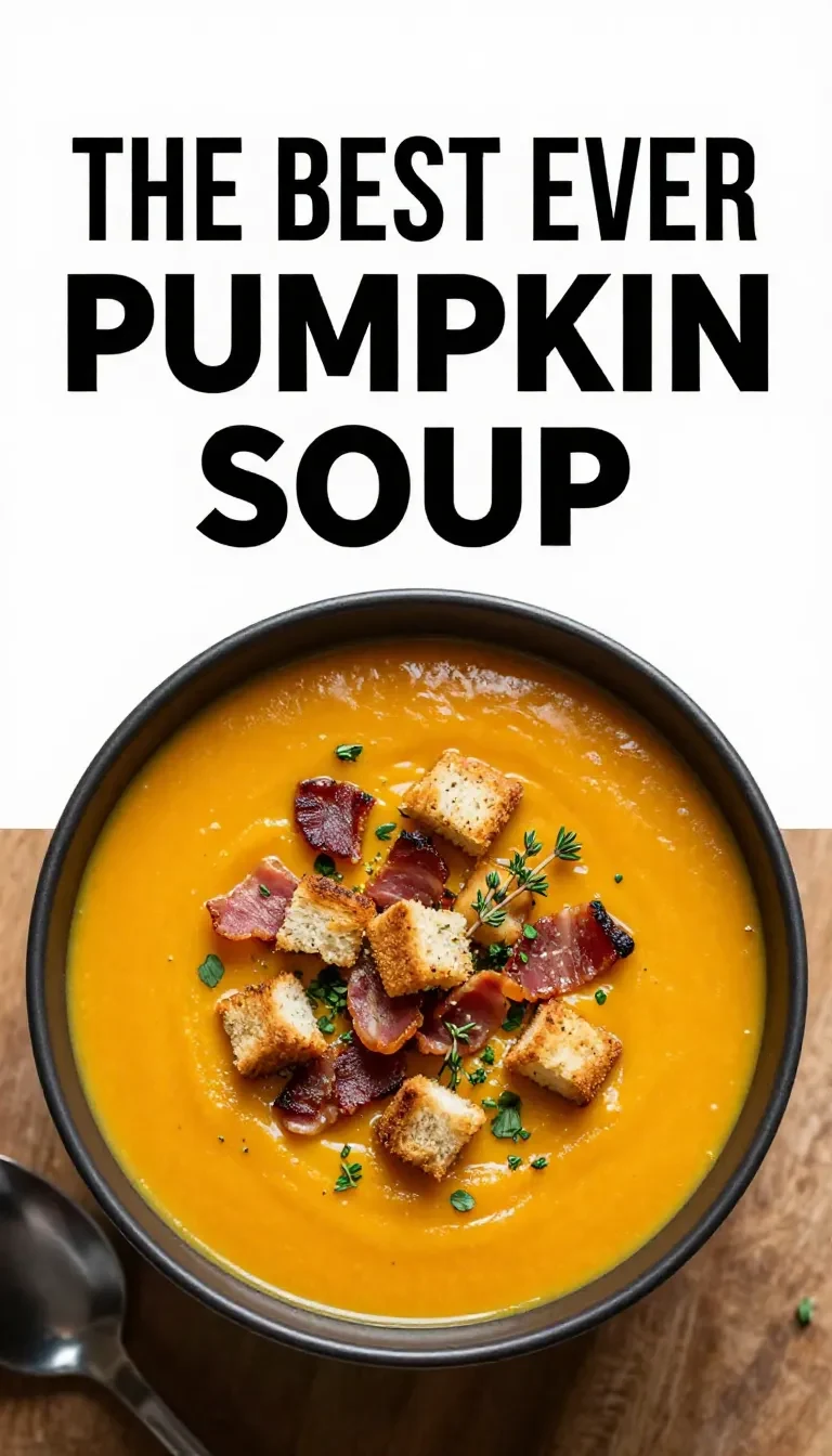 A bowl of creamy pumpkin soup garnished with fresh herbs and a drizzle of olive oil