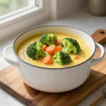 A bowl of high protein broccoli cheddar soup garnished with fresh herbs