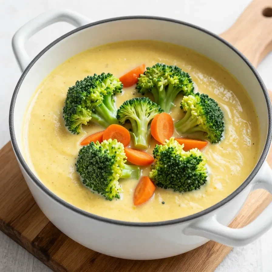 A bowl of high protein broccoli cheddar soup garnished with fresh herbs