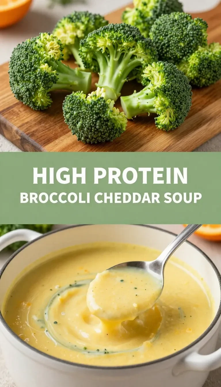 A bowl of high protein broccoli cheddar soup garnished with fresh herbs