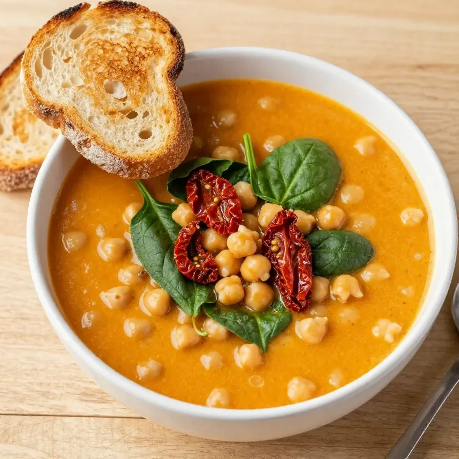 A bowl of Tuscan chickpea soup garnished with fresh herbs and a drizzle of olive oil