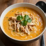 A bowl of easy Thai chicken soup garnished with fresh herbs and spices
