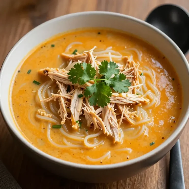 Easy Thai Chicken Soup Recipe with Fragrant Spices A bowl of easy Thai chicken soup garnished with fresh herbs and spices