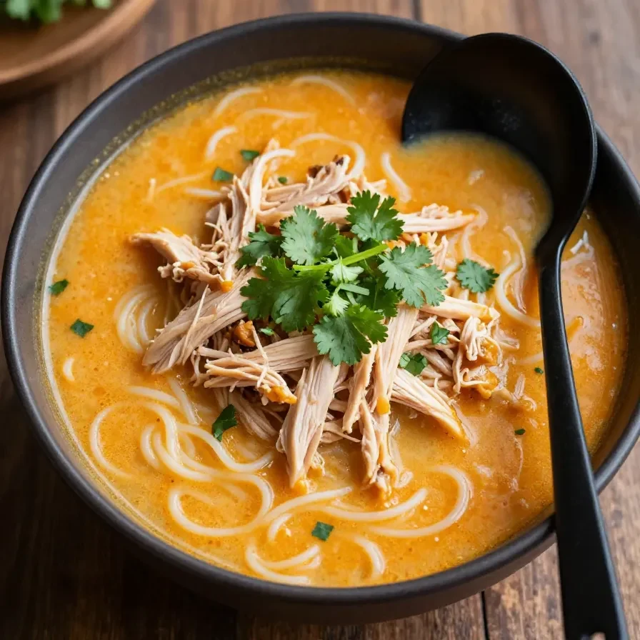 A bowl of easy Thai chicken soup garnished with fresh herbs and spices