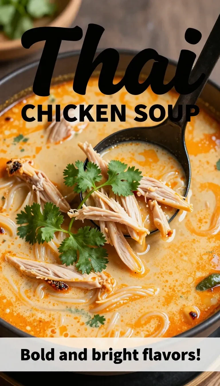 A bowl of easy Thai chicken soup garnished with fresh herbs and spices
