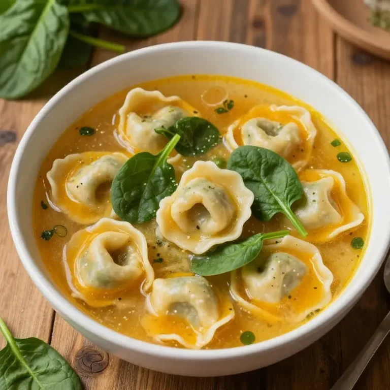 Cozy Fall Soup – Sausage Tortellini with Spinach A warm bowl of sausage tortellini soup with fresh spinach, surrounded by autumn leaves