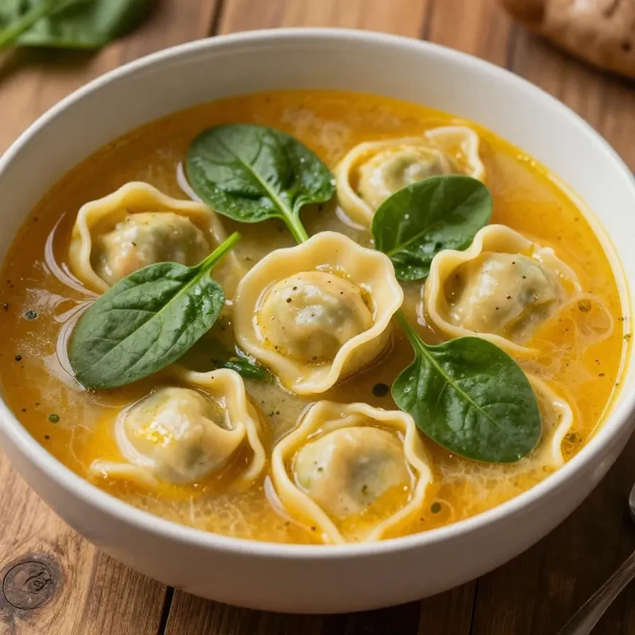 A warm bowl of sausage tortellini soup with fresh spinach, surrounded by autumn leaves