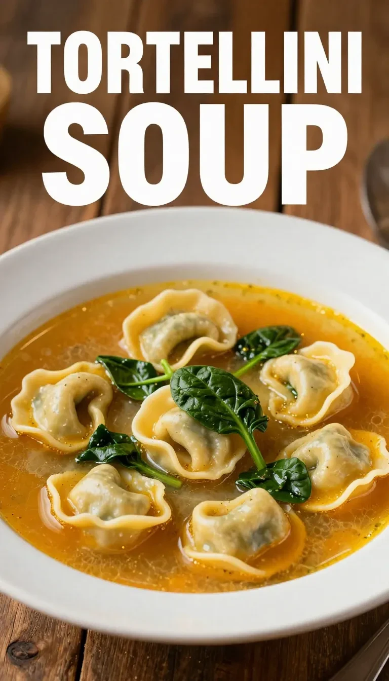 A warm bowl of sausage tortellini soup with fresh spinach, surrounded by autumn leaves