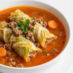 A bowl of hearty cabbage roll soup garnished with fresh herbs