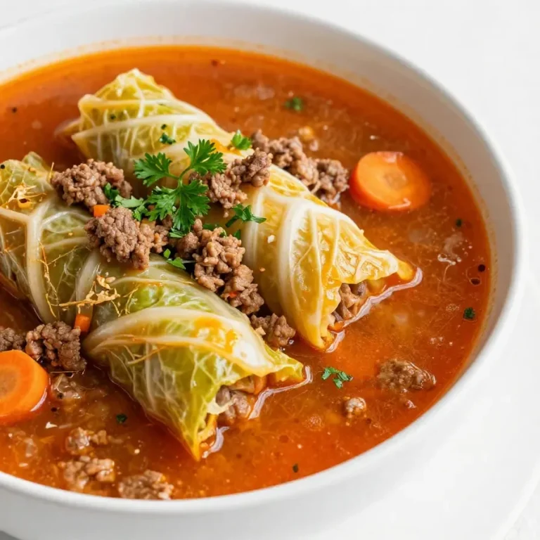 A bowl of hearty cabbage roll soup garnished with fresh herbs