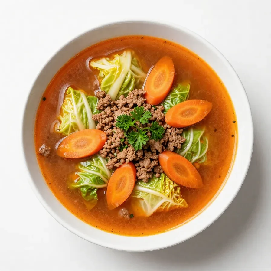 A bowl of hearty cabbage roll soup garnished with fresh herbs