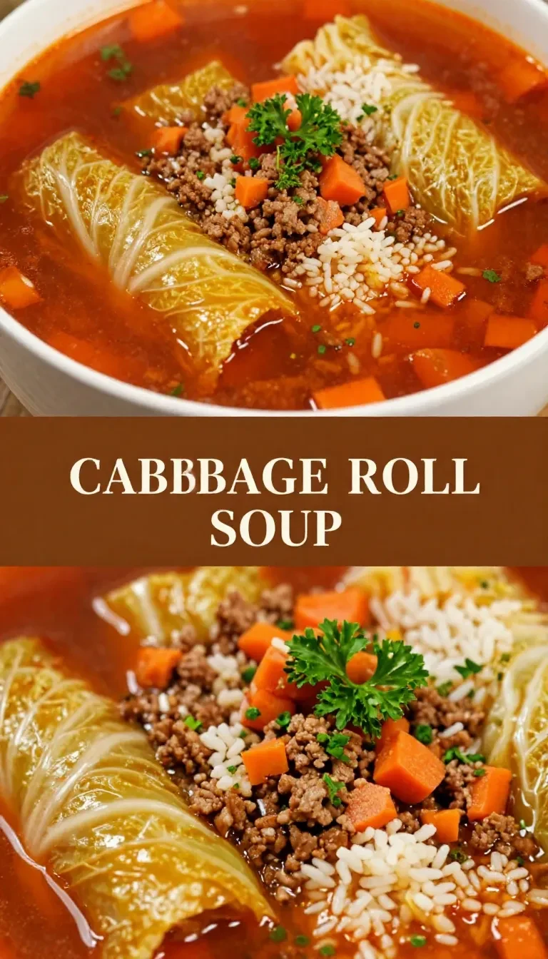 A bowl of hearty cabbage roll soup garnished with fresh herbs