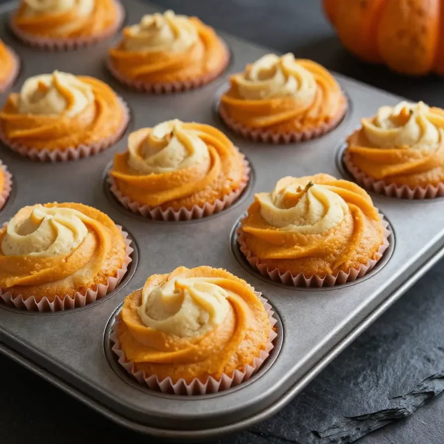 Freshly baked pumpkin cream cheese swirl muffins on a cooling rack