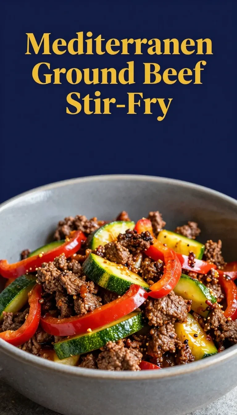 A colorful Mediterranean ground beef stir-fry served in a bowl with fresh vegetables