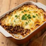 A delicious serving of Greek Pastitsio Bake topped with cheese and herbs