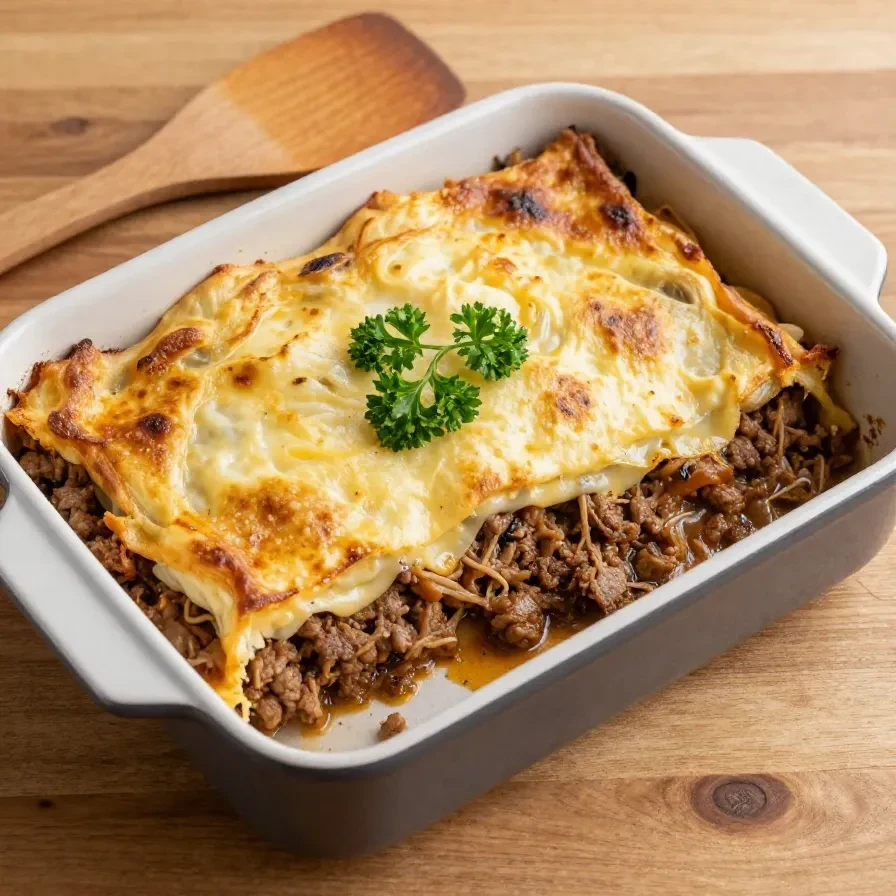 A delicious serving of Greek Pastitsio Bake topped with cheese and herbs