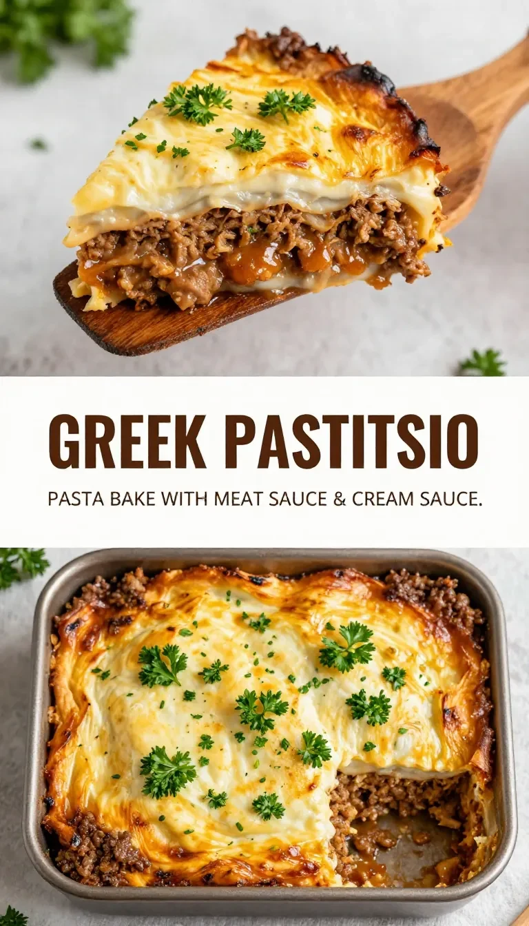 A delicious serving of Greek Pastitsio Bake topped with cheese and herbs
