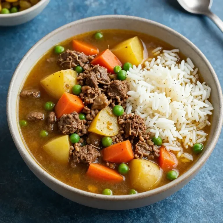A bowl of Turkish style ground beef stew garnished with fresh herbs
